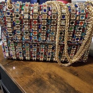 Elegant Jewel-Toned Embellished Shoulder Bag with Gold Chain